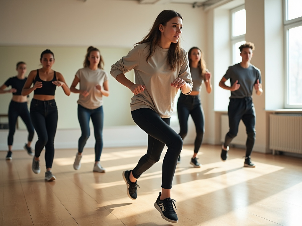 Lehrpersonen tanzen gemeinsam in einem hellen Tanzstudio