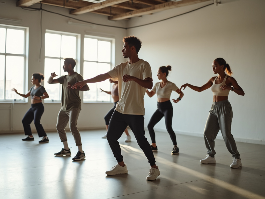 Tanzgruppe beim HipHop Training im hellen Studio in Basel